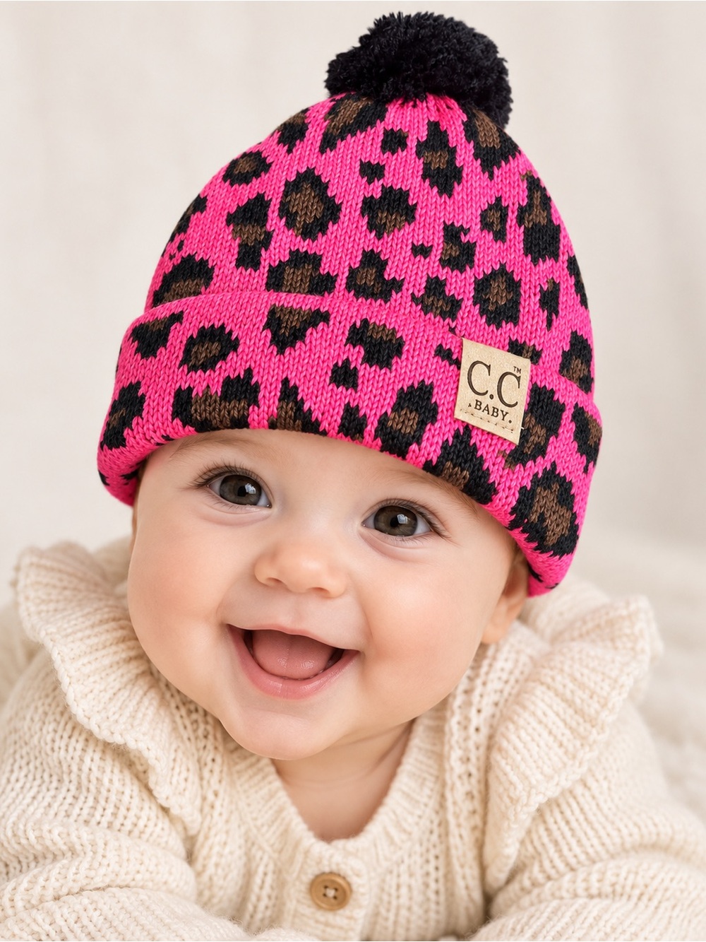 NWT C. C. Baby Leopard Single Pom Newborn New Candy Pink Hat